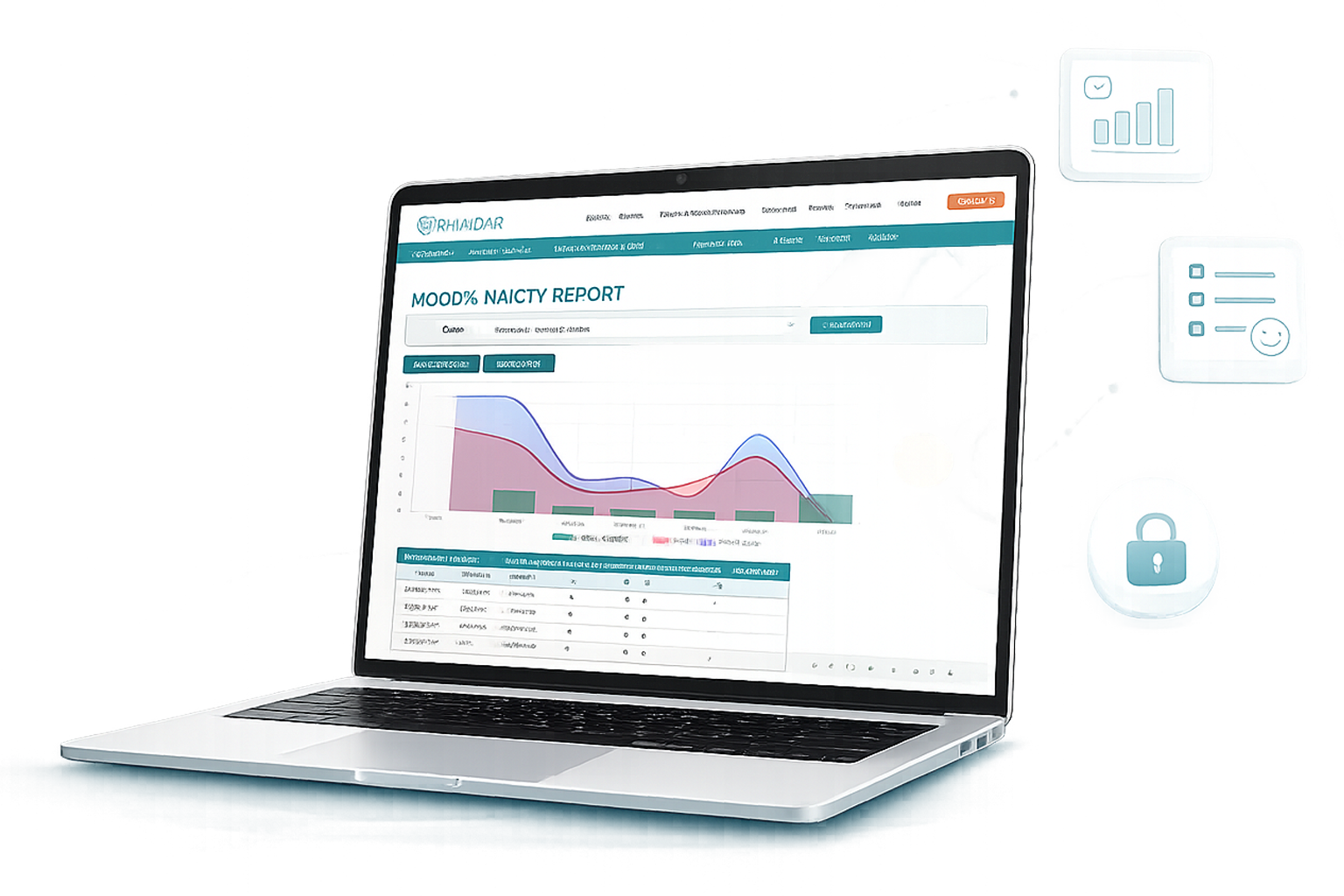 Rhadar practice management software features displayed on laptop and mobile screens