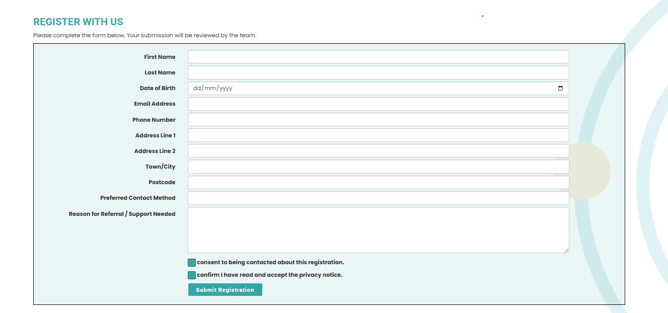 Rhadar self-registration website integration