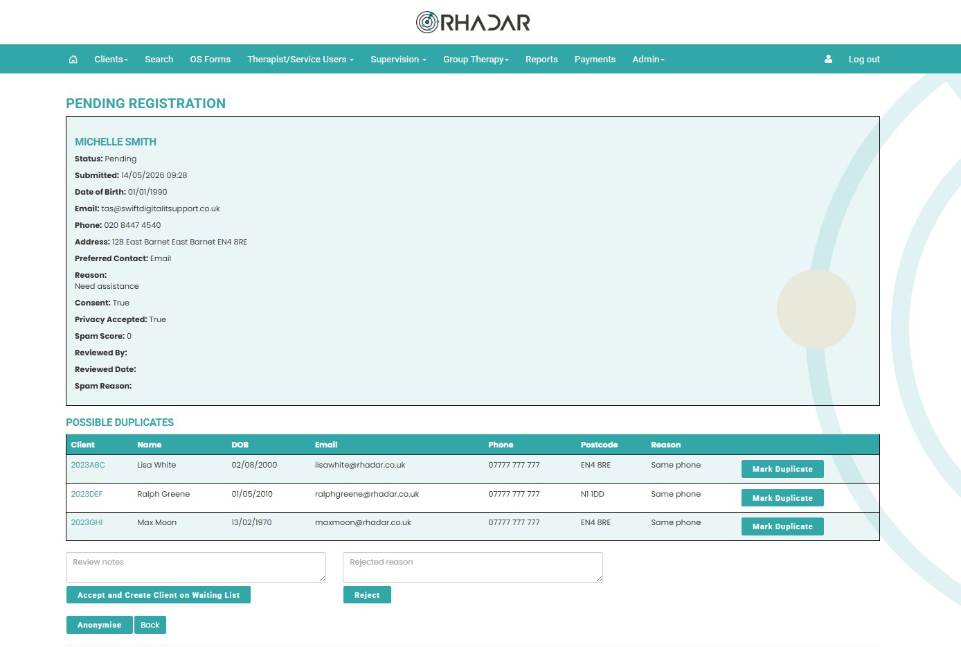 Rhadar pending registrations management