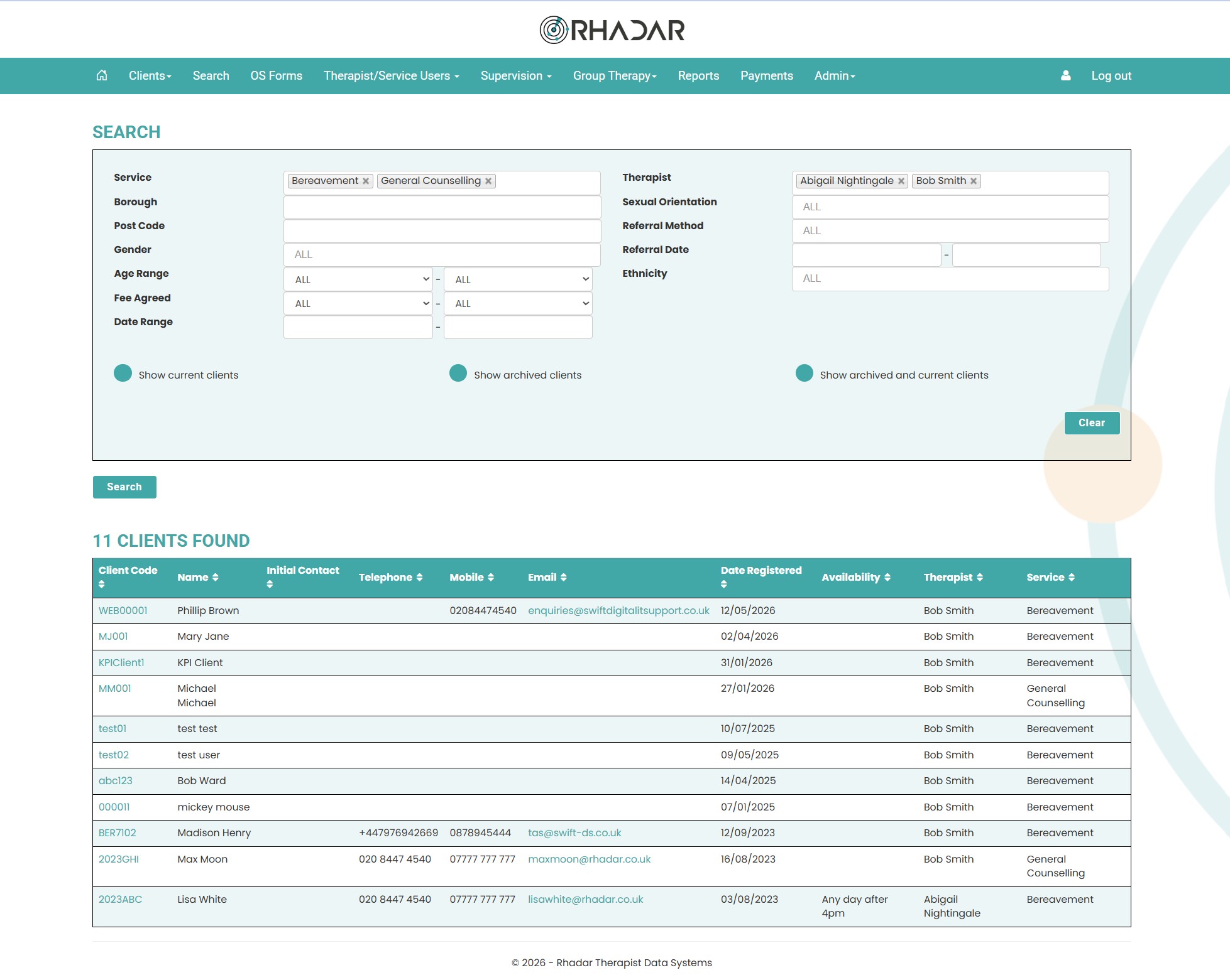 Rhadar advanced client search