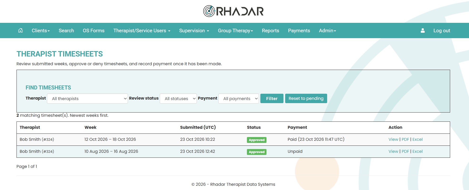 Rhadar Admin controlled Therapist Timesheets