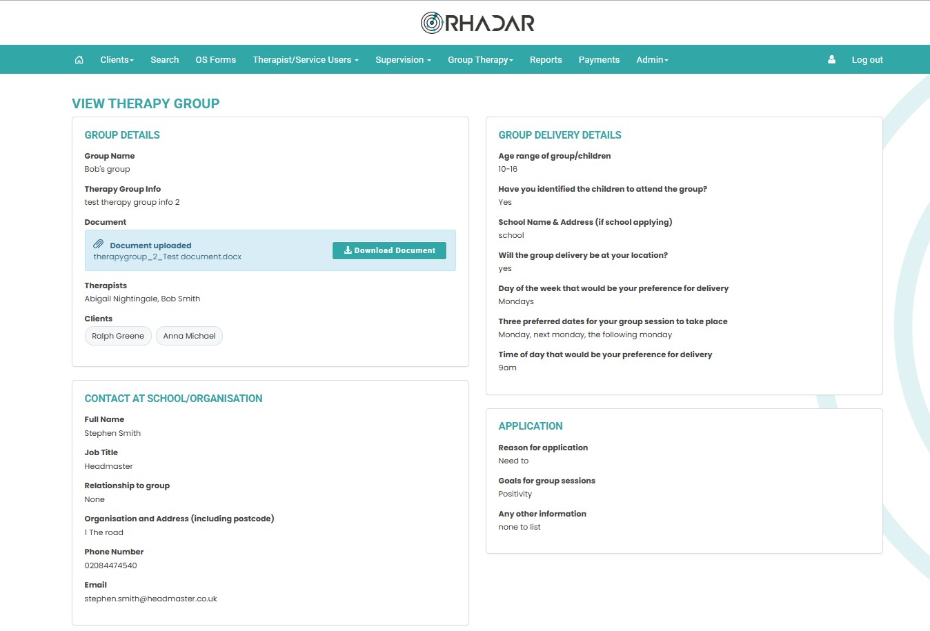 Rhadar Group Therapy Group details